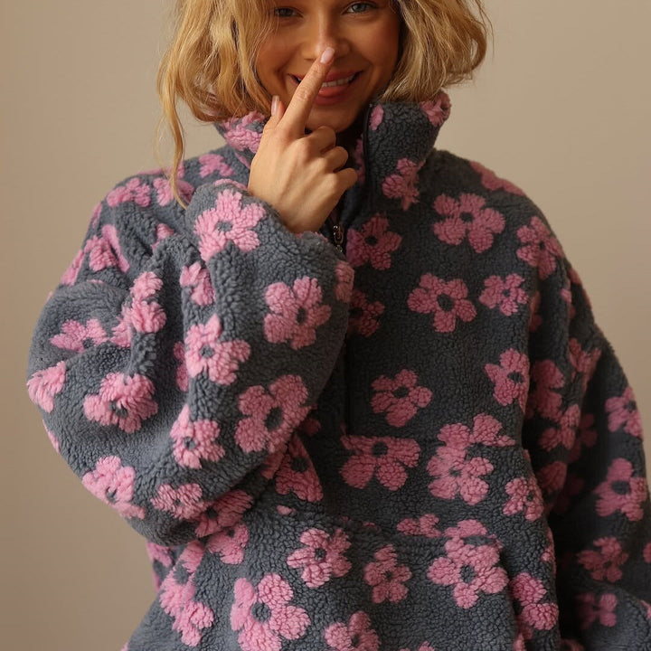 Fall fashion women's floral fleece pullover. Warm, cozy sherpa top, great for layering.