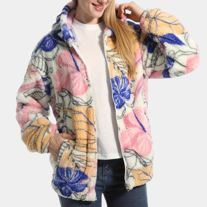 Women's cozy floral print hooded winter coat in pink, perfect for stylish warmth and outdoor fashion.