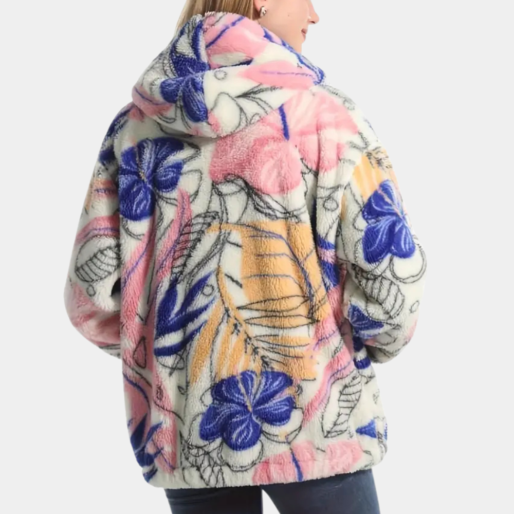 Warm women's floral hooded jacket. Pink cozy winter outerwear with a stylish print for comfort & fashion.