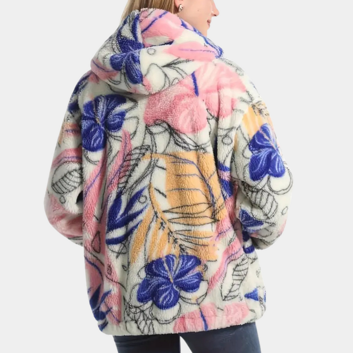 Warm women's floral hooded jacket. Pink cozy winter outerwear with a stylish print for comfort & fashion.