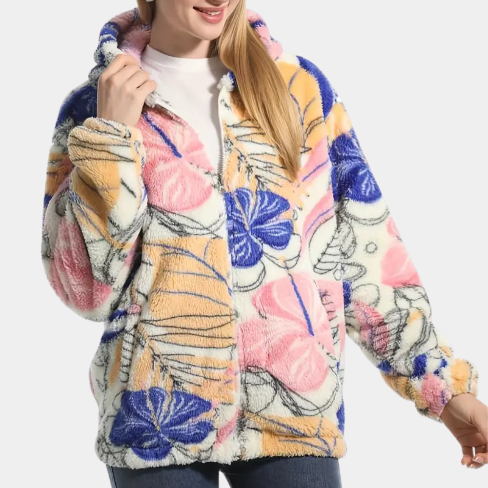 Stylish women's floral print hooded winter coat. Cozy pink jacket for ultimate warmth and fashionable outerwear.