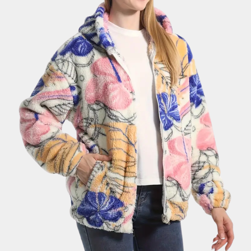 Cozy women's pink floral hooded coat. Warm winter jacket featuring a beautiful print for elegant outdoor wear.