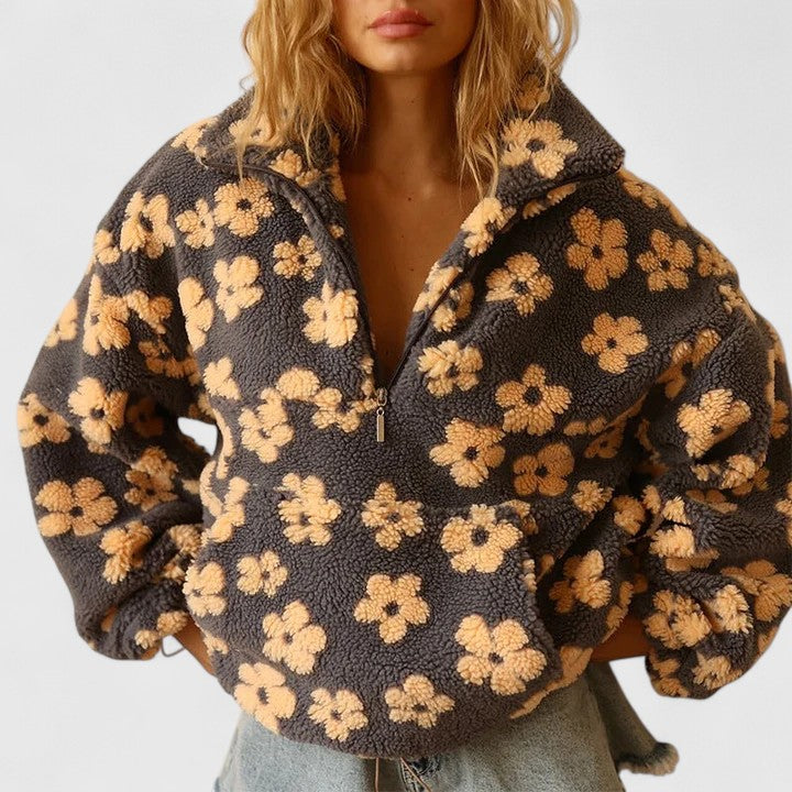 Women's cozy floral quarter-zip pullover sweater. Perfect for stylish fall & winter casual wear.