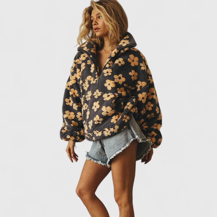 Soft women's floral print quarter-zip sweater. A comfy and warm oversized pullover for daily wear.