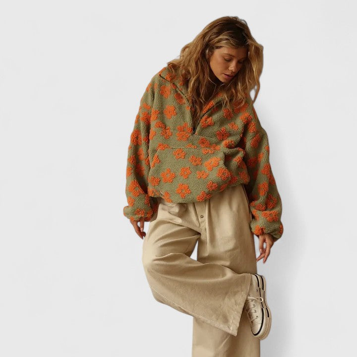 Comfortable women's floral quarter-zip sweater, a relaxed fit cozy top for cool fall and winter days.