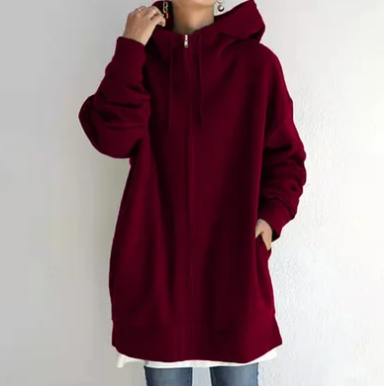 Relaxed fit women's full zip hoodie. Cozy comfort for casual wear, an everyday fashion staple.