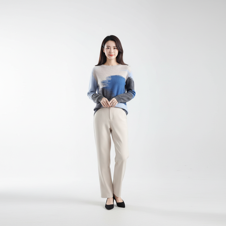 Full view of a women's gradient round neck sweater, comfortable and versatile for daily wear