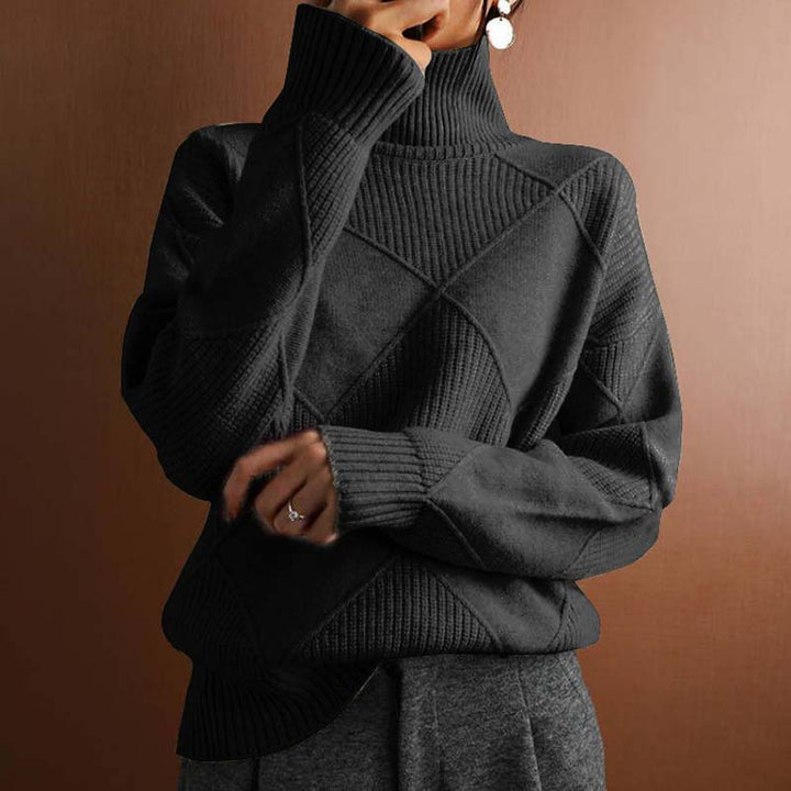 Women's cozy high-collar sweater, perfect for stylish fall & winter comfort.
