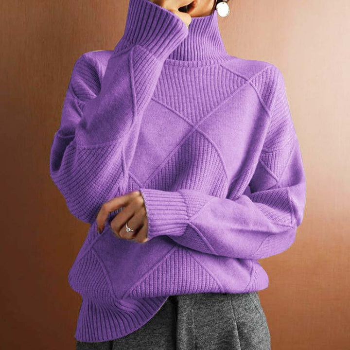 Fall fashion women's cozy high-collar sweater, a versatile patterned top.