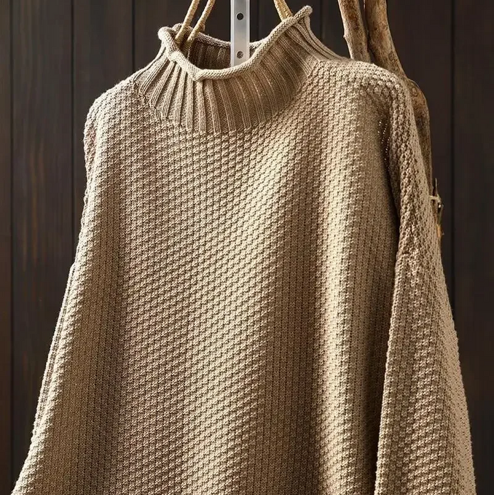 Chic women's pullover sweater with a cozy turtleneck and intricate honeycomb design.