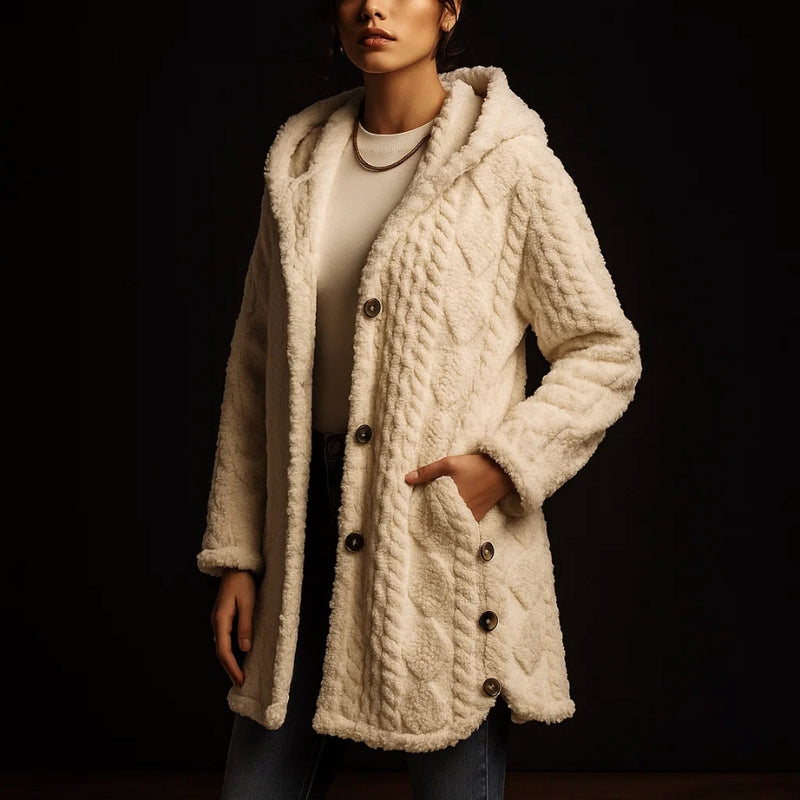 Women's cozy hooded button-front winter coat, perfect for warm layering & casual everyday style.