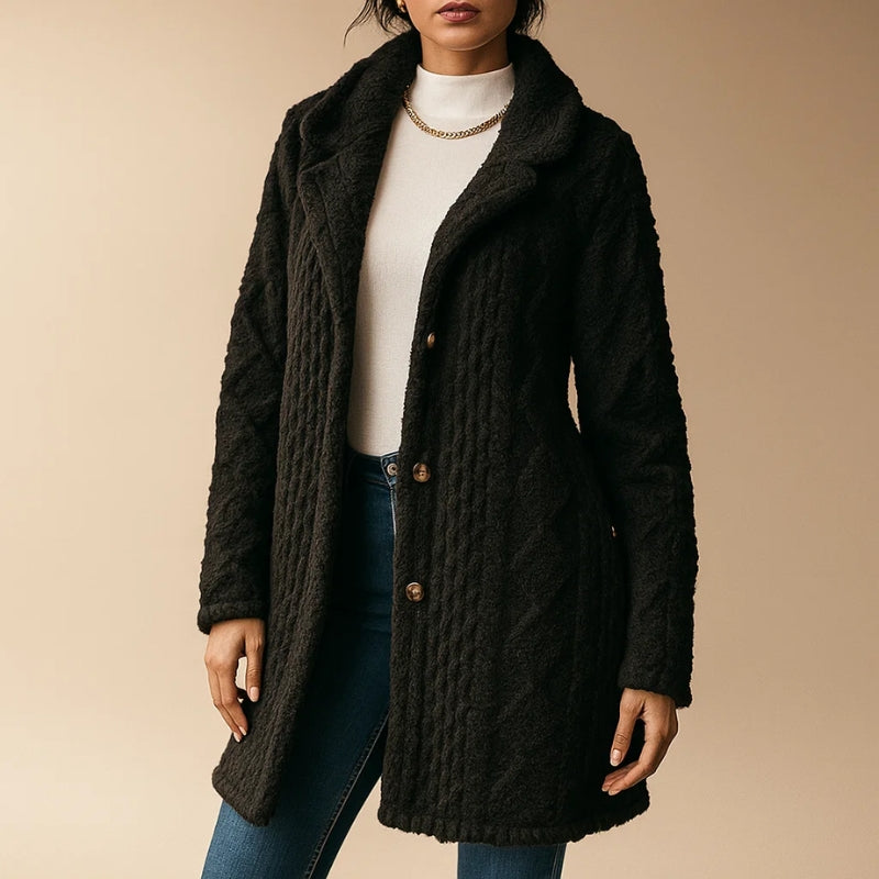 Warm & comfortable women's hooded button-front coat, perfect for chilly days and layering.