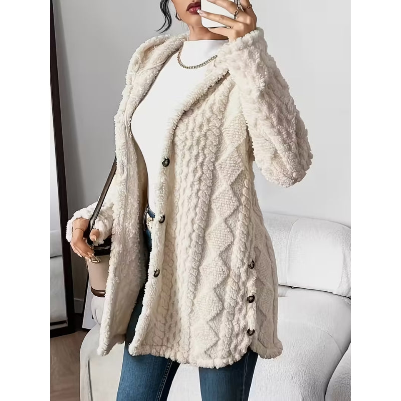 Chic women's long sleeve coat, cozy and hooded with a button-front, great for versatile fashion.