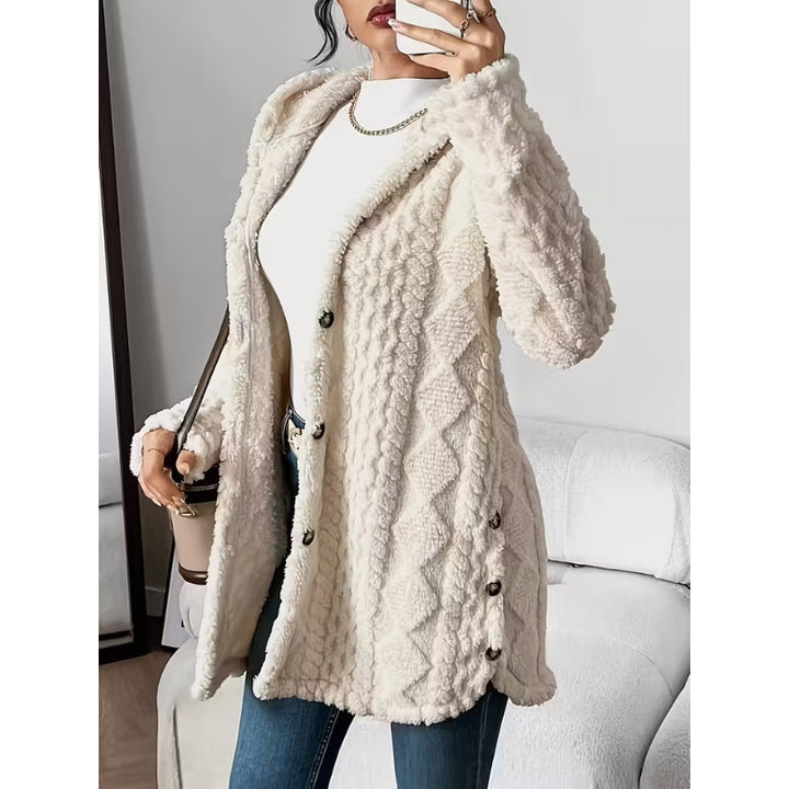Chic women's long sleeve coat, cozy and hooded with a button-front, great for versatile fashion.