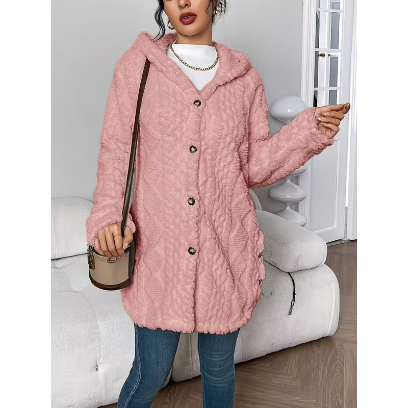Comfortable women's hooded button-front coat, a warm winter essential for everyday fashion.