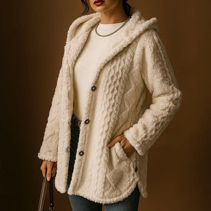 Stylish women's long sleeve winter coat with hood and front buttons for chic comfort.