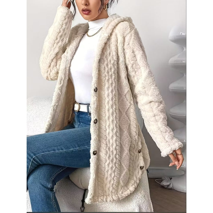 Warm hooded button-front women's coat, ideal for cold weather & versatile everyday fashion.