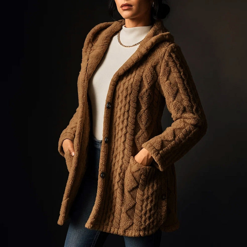Comfortable women's fall jacket, button-front with cozy hood, great for layering outerwear.