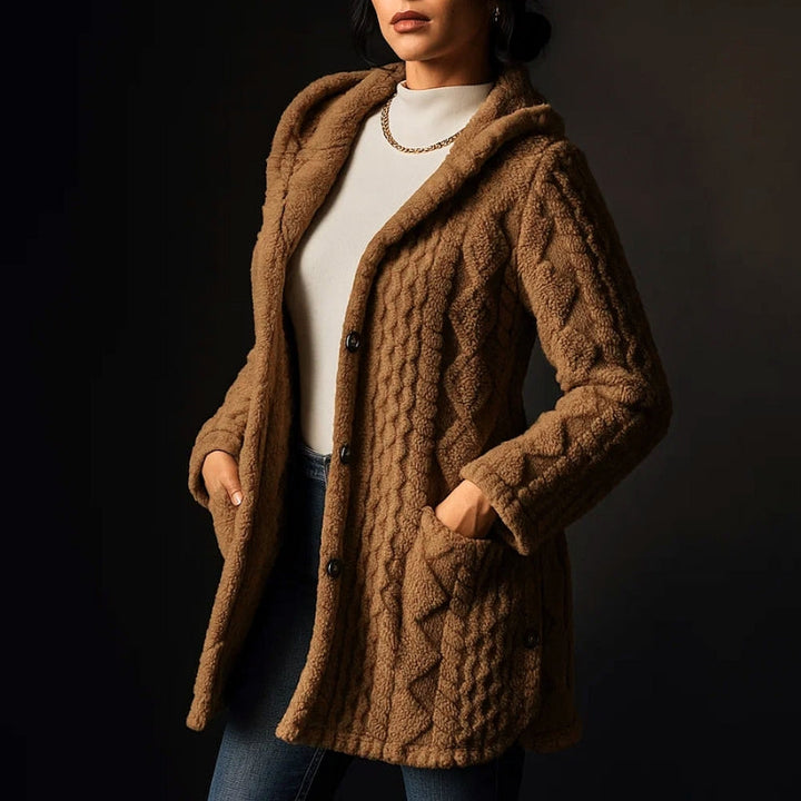 Comfortable women's fall jacket, button-front with cozy hood, great for layering outerwear.