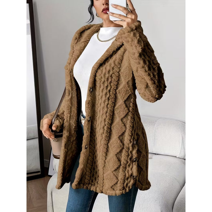 Chic women's winter coat, featuring a hood & button front closure, suitable for stylish layering.
