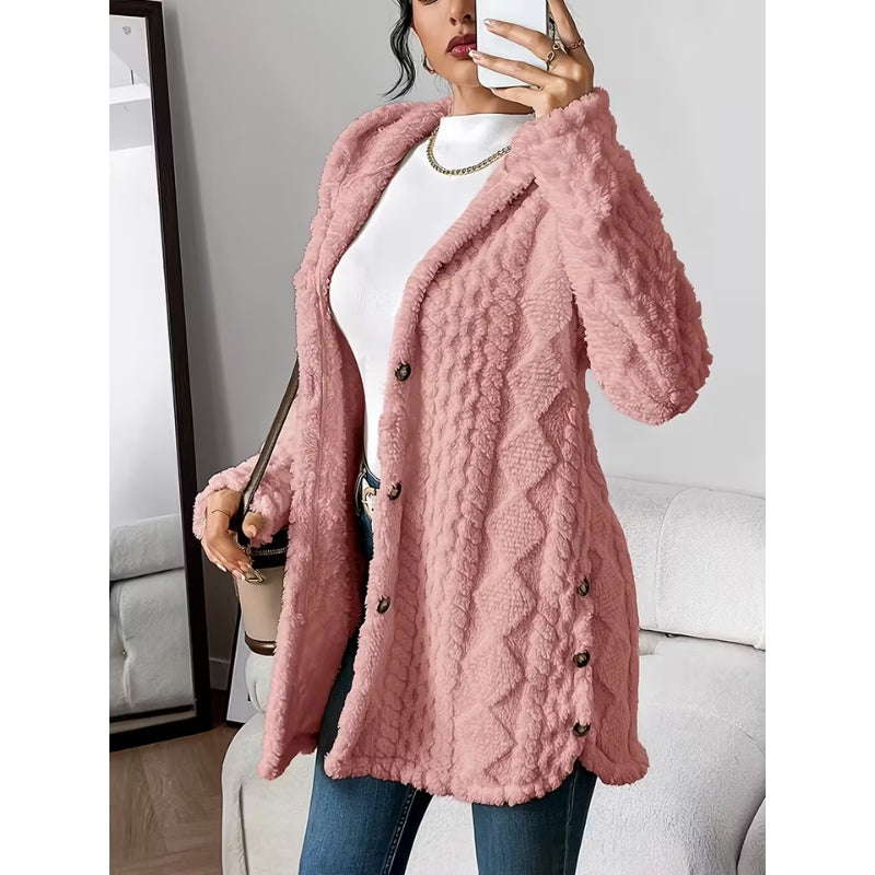 Versatile women's long sleeve winter coat, button-front with a hood, for chic & casual wear.