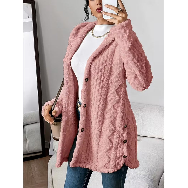 Versatile women's long sleeve winter coat, button-front with a hood, for chic & casual wear.