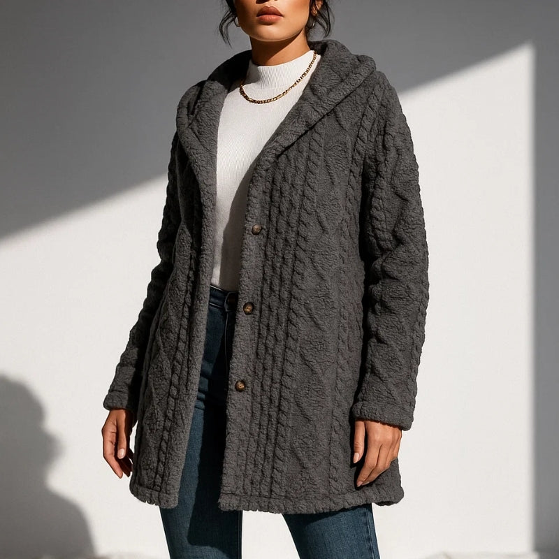 Cozy women's hooded button-front coat, an essential warm outerwear for fall and winter.