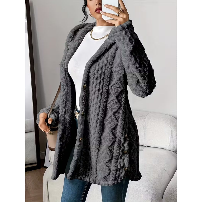 Stylish women's winter coat with a practical hood and elegant button-front detailing.