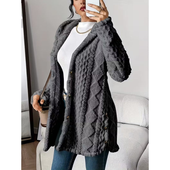 Stylish women's winter coat with a practical hood and elegant button-front detailing.