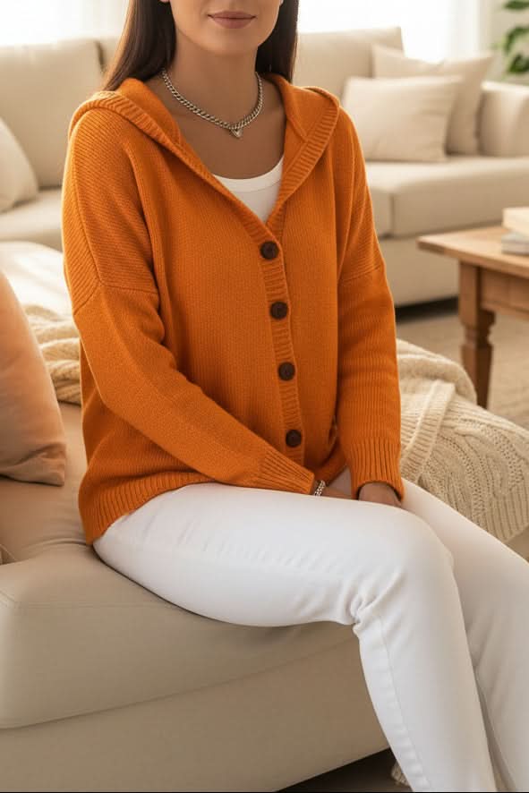 Soft knit women's hooded cardigan, a comfortable top for relaxed fall outfits & layering.
