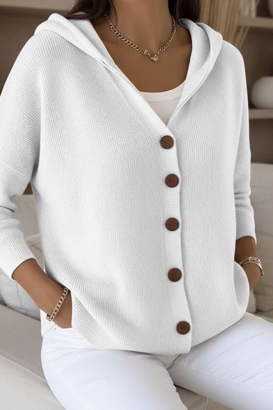 Plush women's long sleeve hooded cardigan sweater, great for winter fashion & comfort.