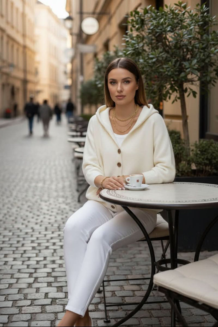Soft knit women's hooded cardigan, a cozy layering piece for casual wear & comfort.