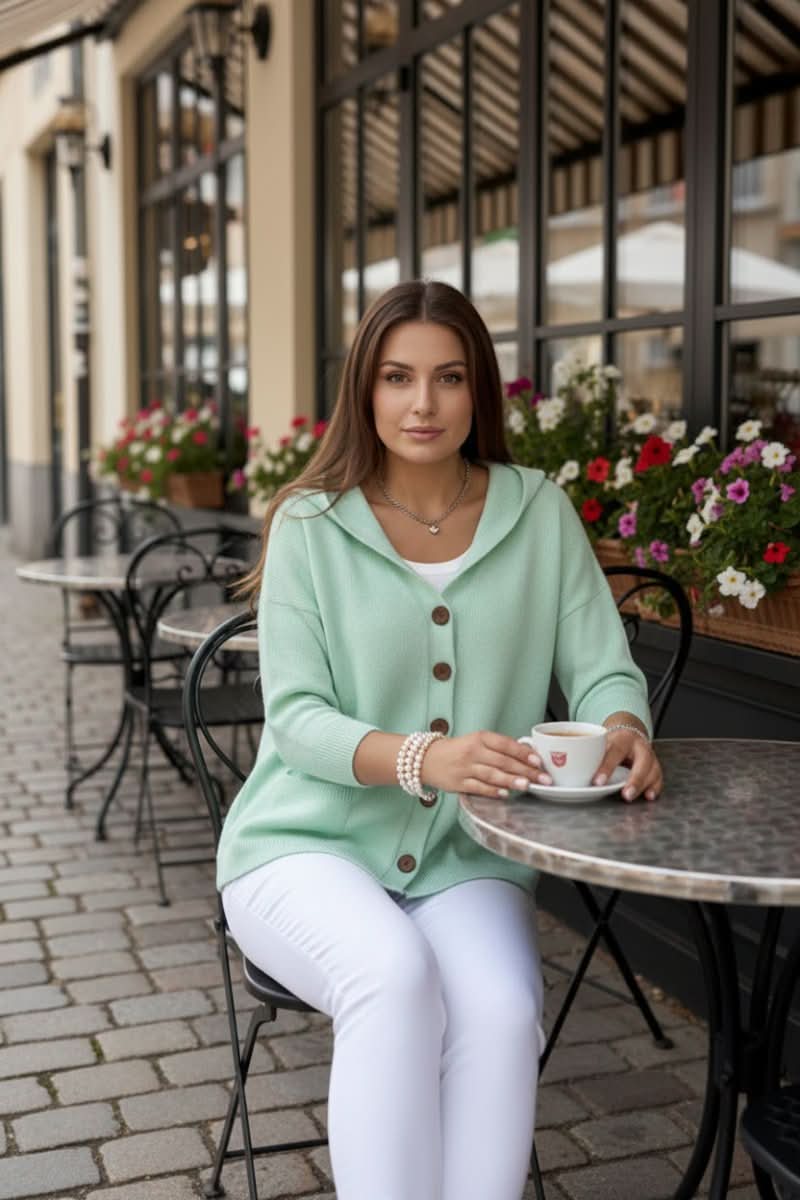 Relaxed fit women's hooded cardigan sweater, a comfortable top for winter fashion & everyday.