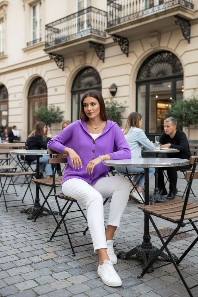 Plus size women's cozy hooded cardigan sweater for comfortable casual wear & everyday style.