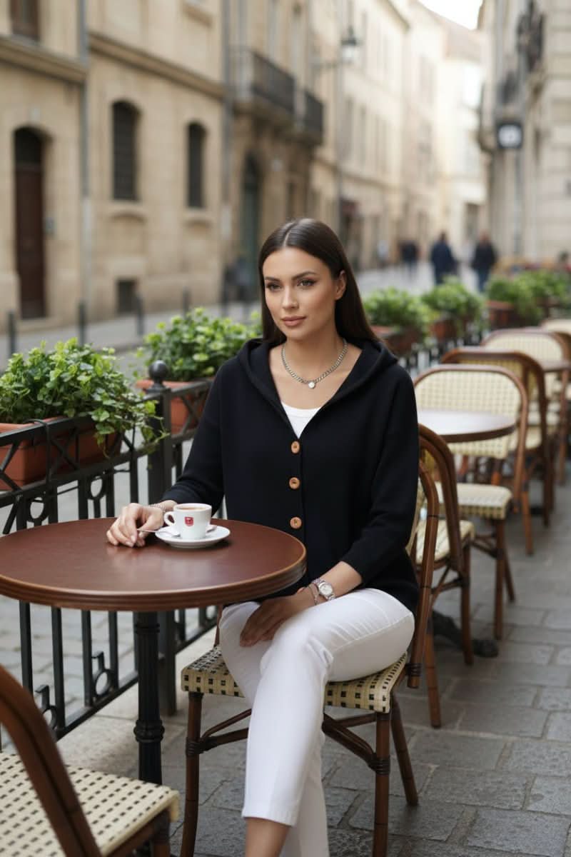 Long sleeve women's hooded cardigan with a relaxed fit, great for chilly fall & winter fashion.