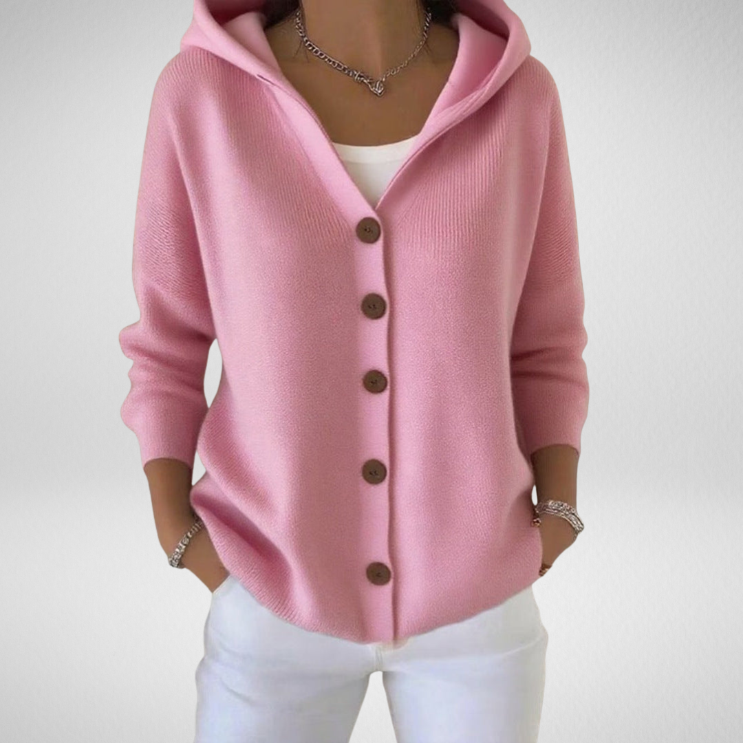 Women's cozy hooded cardigan sweater with button-up front, perfect for casual fall layering.
