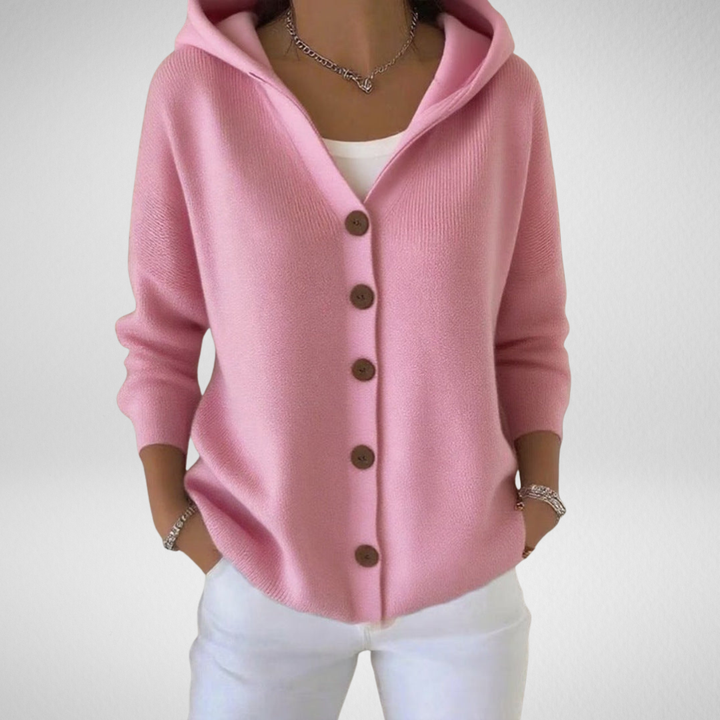 Women's cozy hooded cardigan sweater with button-up front, perfect for casual fall layering.