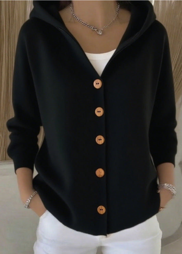 Versatile women's hooded button-up cardigan, ideal for comfortable fall & winter layering.