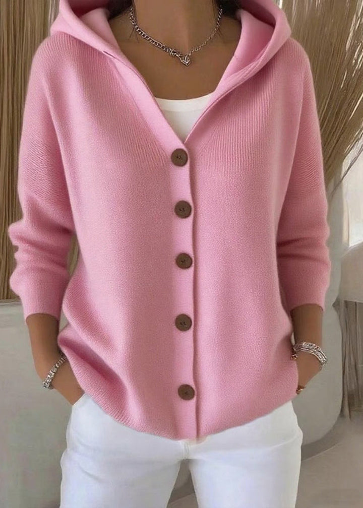 Relaxed fit women's button-up hooded sweater, ideal for comfortable everyday winter wear.