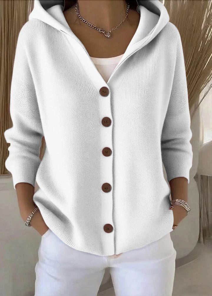 Stylish women's hooded cardigan for cozy layering; features button-up design, great for fall fashion.