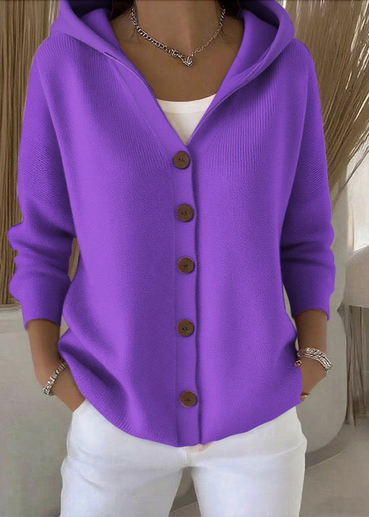 Soft women's hooded cardigan, button-up style, designed for warm and cozy fall layering.