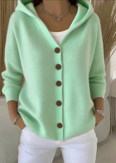 Everyday women's hooded sweater cardigan with buttons, perfect for relaxed fit winter comfort.