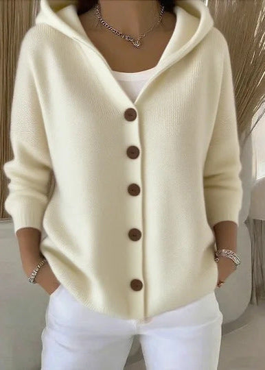 Casual women's button-up hooded cardigan; comfortable and warm for winter wear and layering.