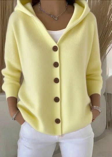 Cozy women's hooded sweater cardigan with button front, a relaxed fit for everyday comfort.