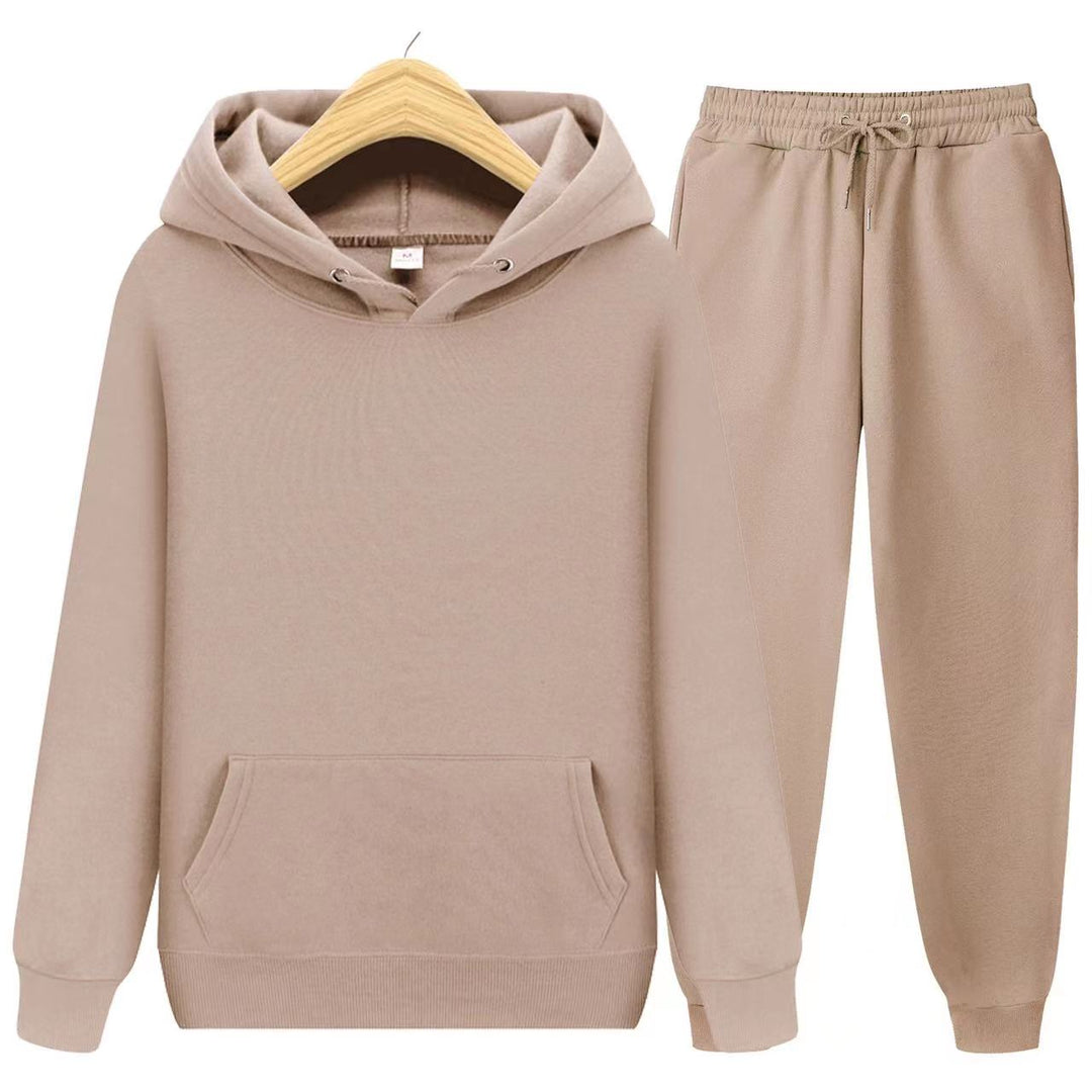 Complete women's twopiece hooded sweatshirt & jogger set. Cozy lounge wear for casual comfort, travel, & relaxation.