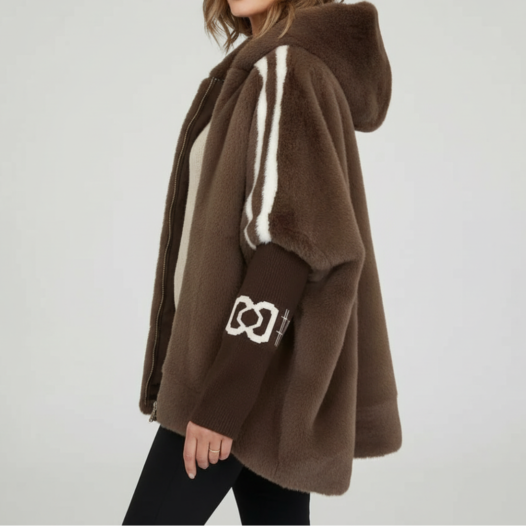 Trendy women's oversized hooded winter jacket, ideal for casual, comfortable, and warm cold weather fashion.
