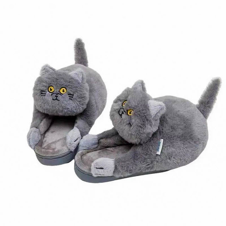 Women's cozy hugging cat slippers with cloud-like comfort & memory foam, ideal for indoor relaxation.