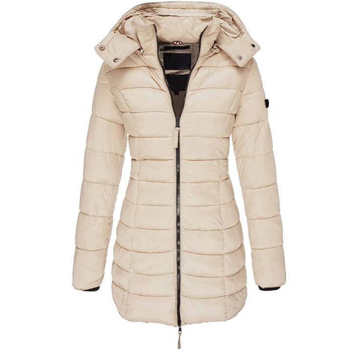 Warm women's insulated winter coat with a cozy hood, perfect for cold weather fashion and comfort.
