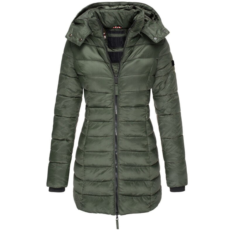 Durable women's insulated winter jacket, featuring a protective hood for severe cold weather.