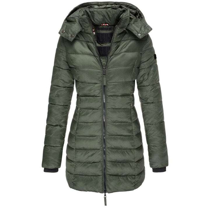 Durable women's insulated winter jacket, featuring a protective hood for severe cold weather.